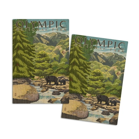

Olympic National Park Washington Bear Family and Creek (4x6 Birch Wood Postcards 2-Pack Stationary Rustic Home Wall Decor)