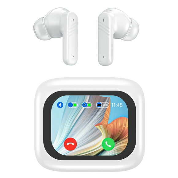 Cshidworld Audífonos Inalámbricos con Pantalla Táctil Inteligente, Audífonos Bluetooth con Cancelación Activa de Ruido para iPhone Android TWS, Audífonos Deportivos para Gimnasio y Correr, Blancos
