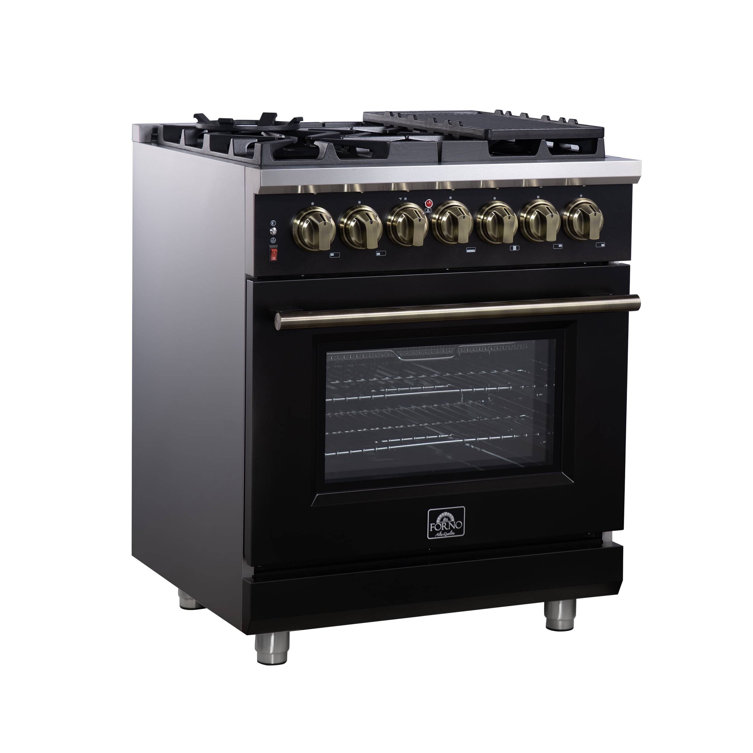 Forno Massimo 30-Inch Freestanding Dual Fuel Range in Black with Antique Brass Accessories, 4 Burners, 4.32 cu. ft. Convection Oven