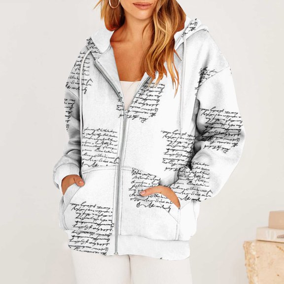 Usmixi 2023 Winter Womens Sweatshirt Coat Womens Hooded Coat Trendy Letter Print Open Zipper Drawstring Hoodie Jacket Fall Ladies Plus Size Lightweight Sweatshirt Outwear with Pocket Up to 65% off