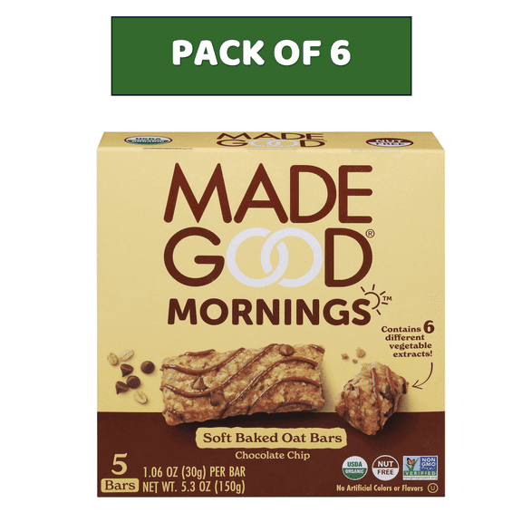(6 pack) MadeGood Chocolate Chip Morning Bars, 5 Healthy Breakfast Bars, 1.06 Oz Each