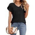 thumbnail image 2 of Women’s V Neck Hollow Out Short Sleeve T Shirt, Solid Color Casual Top with Breathable Fabric, Lightweight Loose Fit Summer Everyday Wear for Daily Outfits, Black, M, 2 of 5