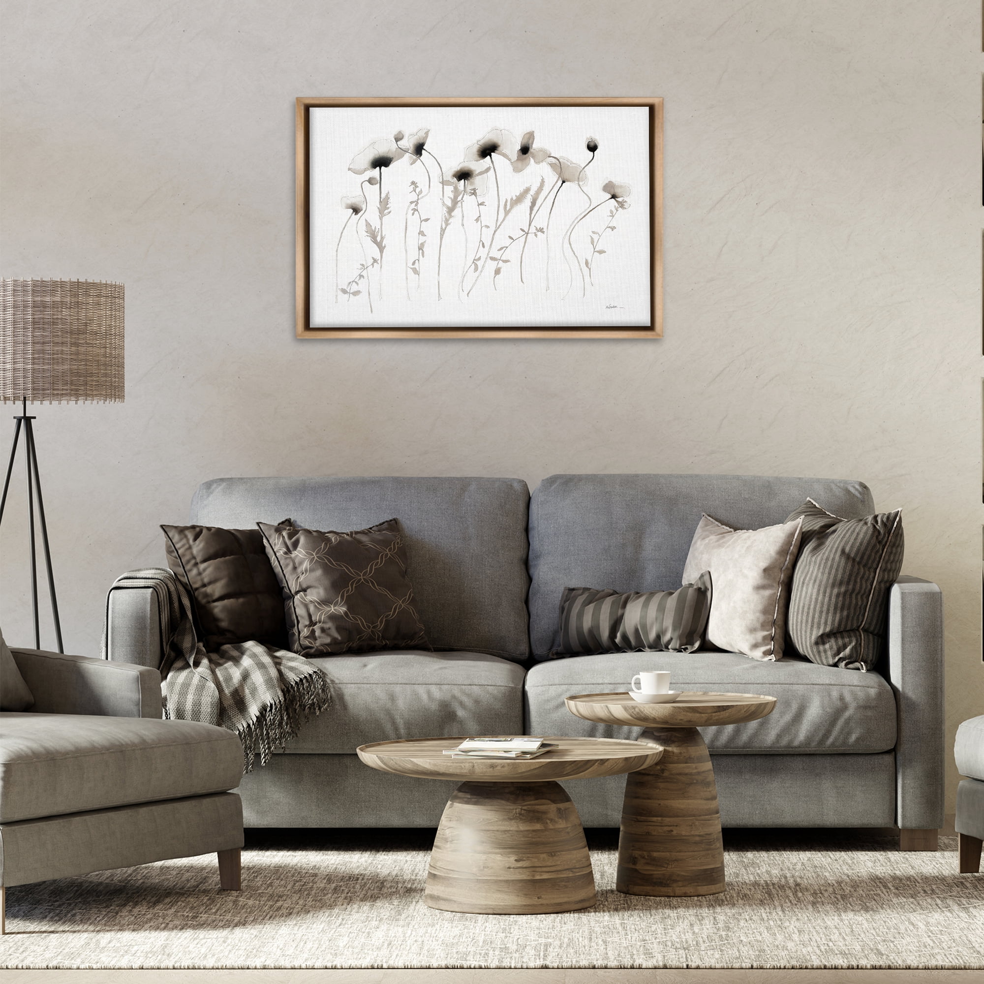 Stupell Industries White Poppy Sprigs Botanical & Floral Painting Brown Floater Framed Art Print Wall Art, 31 x 21