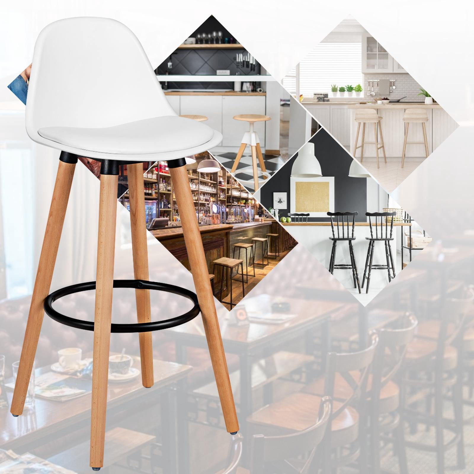Giantex Set of 2 Dining Room Chair w/ Solid Beech Wood Legs, Upholstery High Chair Set, Scandinavian Kitchen Chair w/ Footrest, Retro Bar Stools for Living room, Loadable Up to 330 LBS, White