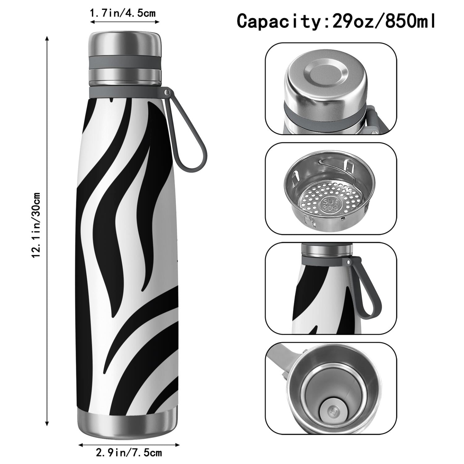 29oz Insulated Water Bottle with Tea Infuser, Stainless Steel Travel Mug, Animal Leopard Print