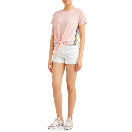 - Juniors' Marl Knit Rainbow Side Stripe Tie Front T-Shirt