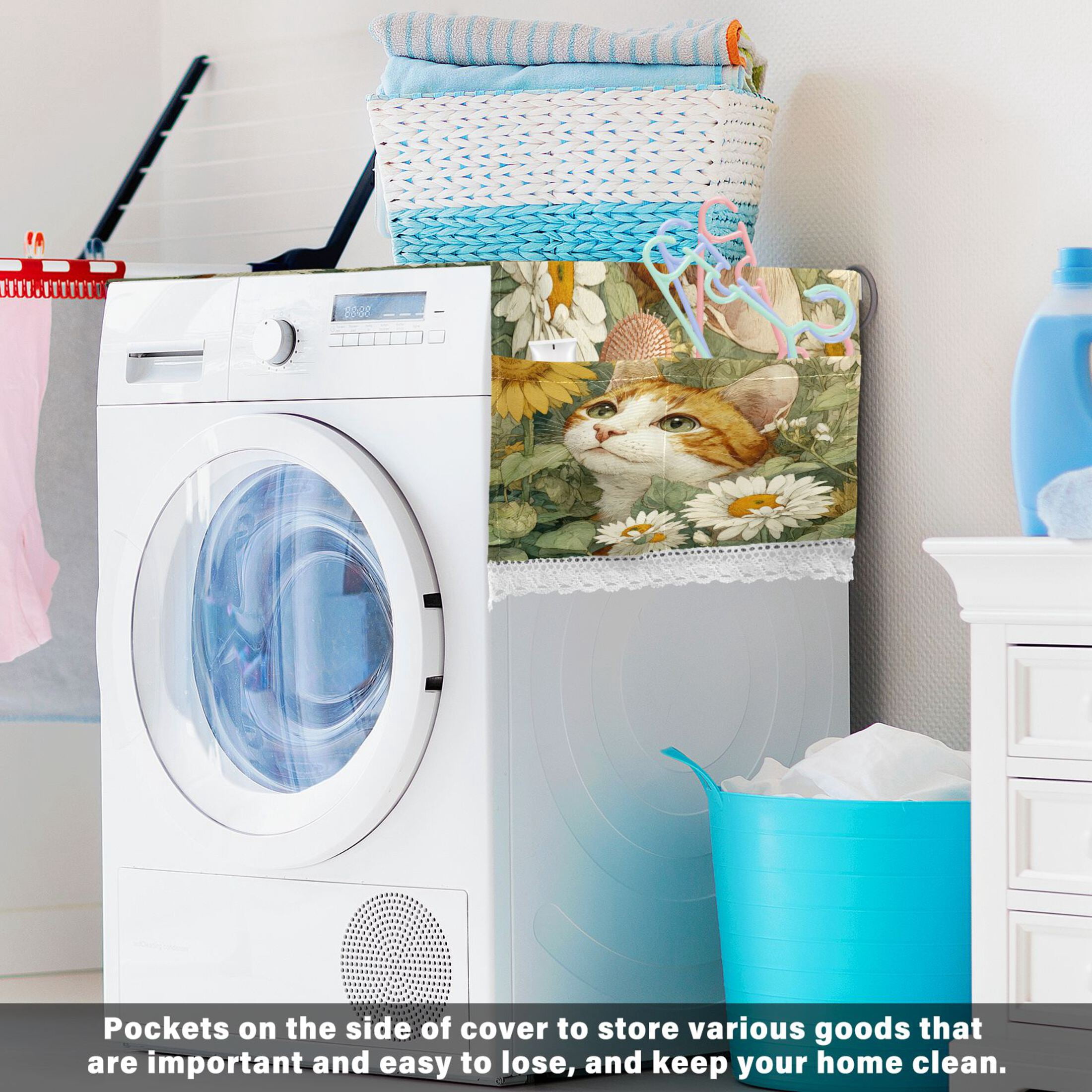 Wobogo Cute Orange Cat Washing Machine Cover Dustproof Washer Dryer Cover Waterproof Laundry Room Decorative Protector