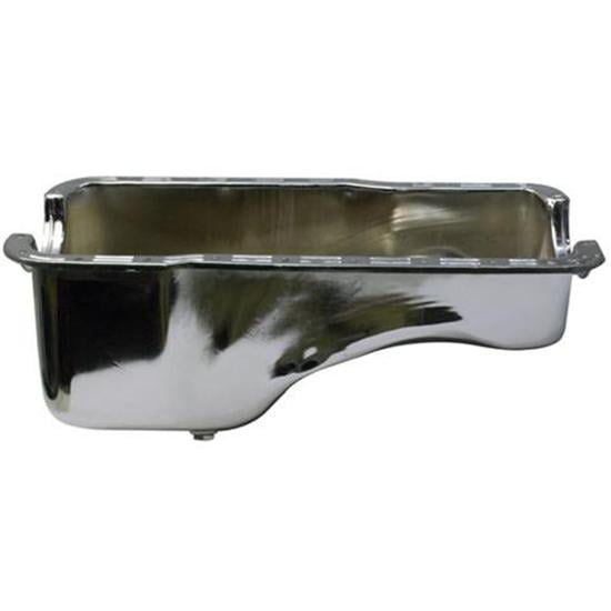 Speedway Motors SBF Front Sump Chrome Oil Pan for 221/260/289/302 Engines, Standard Capacity Design with 8 Inch Deep Sump and 6 Inch Front-to-Back Sump Length