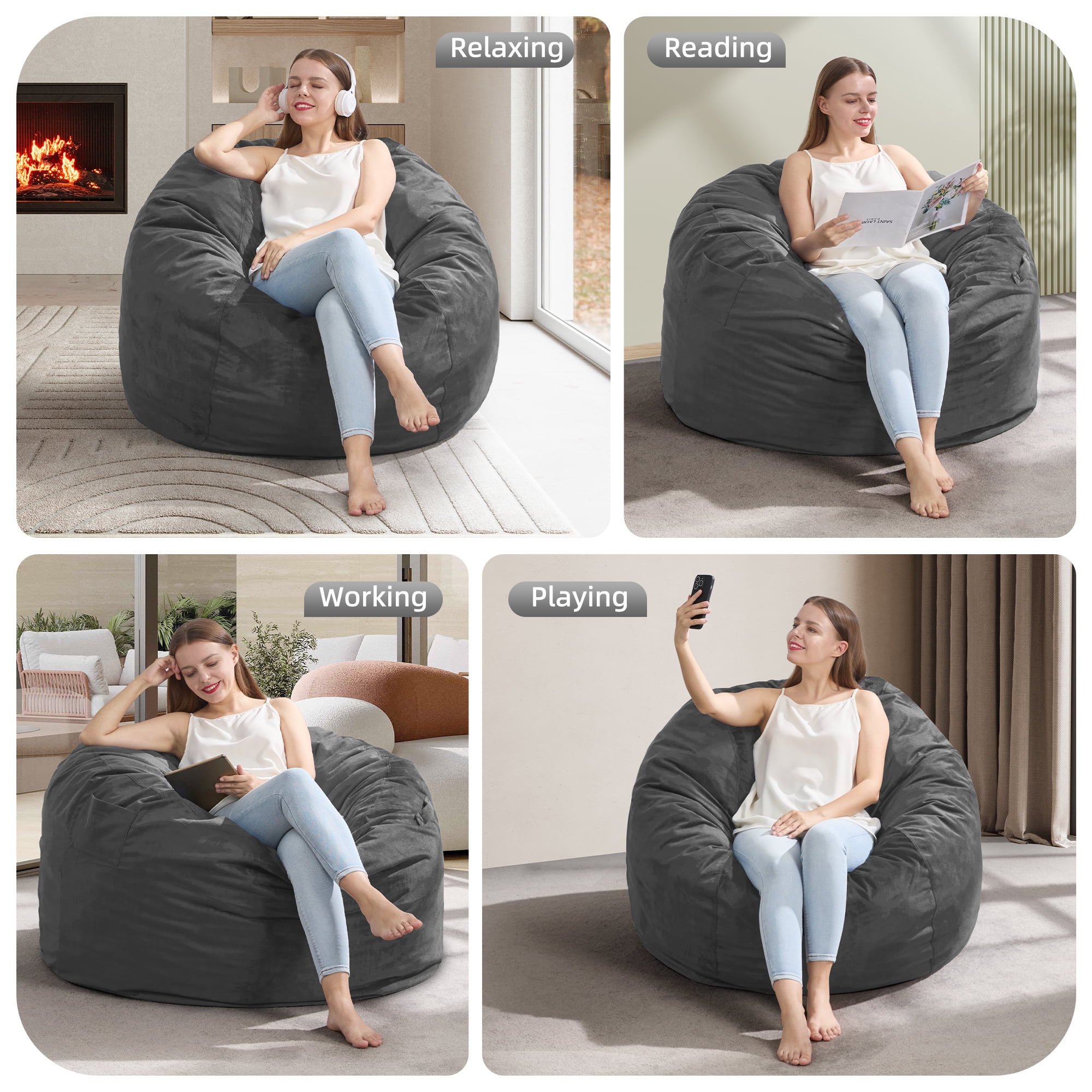 3FT Bean Bag Chair Bean Bag Chairs for Adults Giant Bean Chairs with Velvet Cover, Memory Foam BeanBag Chair Fluffy BeanBag Chairs for Living Room, Bedroom - Grey (36" x 36" x 22")