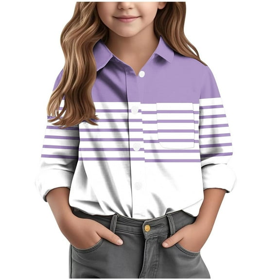Makaor Button up Shirts for Boys Girls Collared Tops Striped Long Sleeve Pullover Tees Casual Vacation Clothes