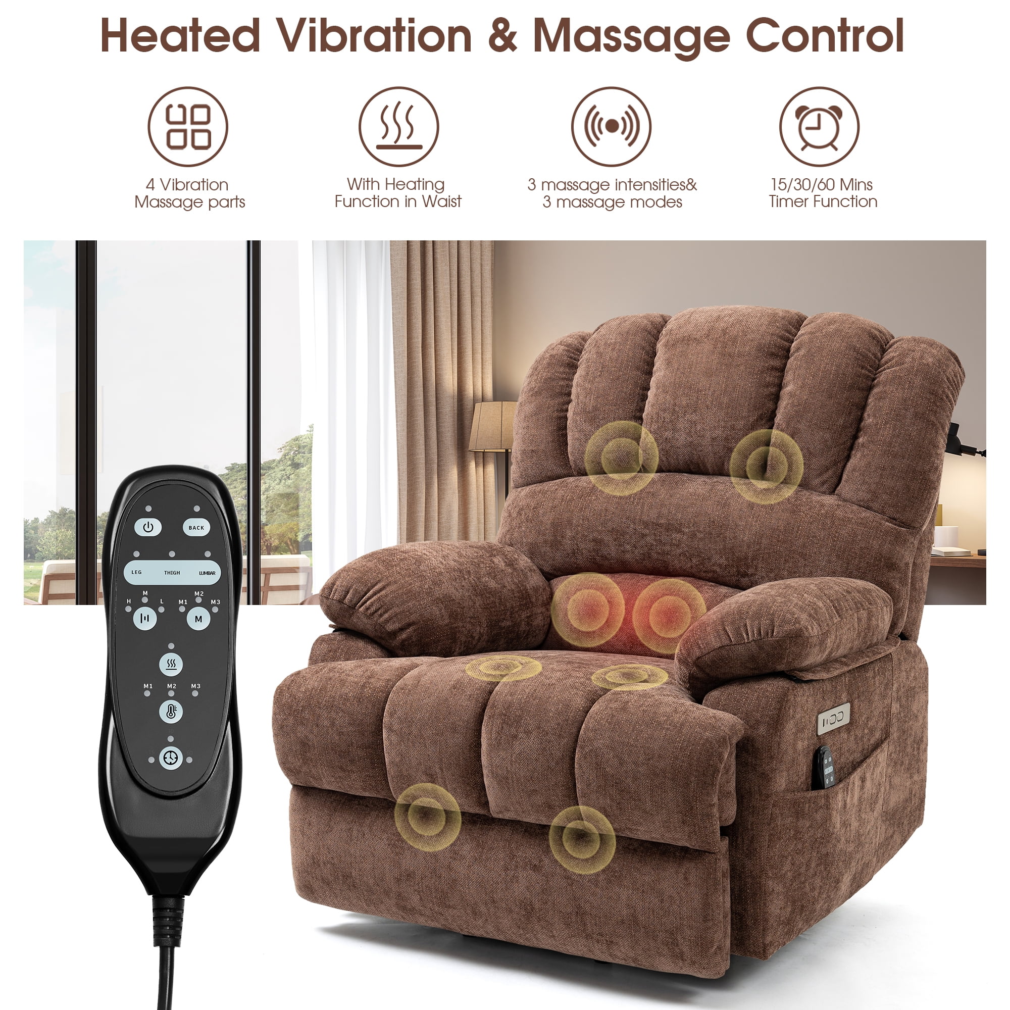 BedLuxury Power Lift Recliner Chair for Living Room,Extra Wide Recliner Massage Chair for Big and Tall People with Heated,USB Charge Port,Infinite Position(Brown)