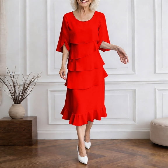 Women's Chiffon Midi Dress 3/4 Bell Sleeve Crewneck Tiered Layered Elegant Wedding Guest Dresses, Party Dress(Red,S)