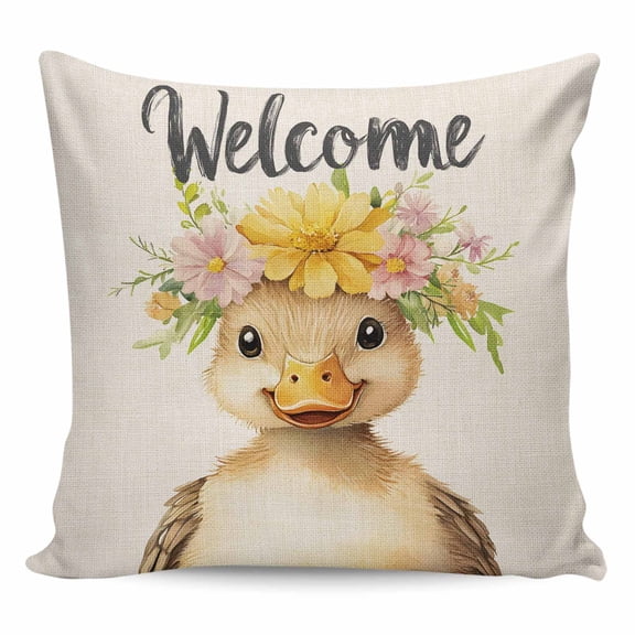 Throw Pillow Covers 18x18 Inch, Duck Flower Decorative Pillow Cases for Couch Sofa Bed, Spring Cute Idyllic Animal Garland Floral Cotton Linen Square Home Decor Pillowcases with Hidden Zipper