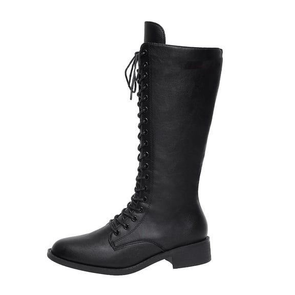 Miqool Women’s Knee High Boots Casual Solid Color Vintage Lace-Up Round Toe Low Heel Dress Tall Boots