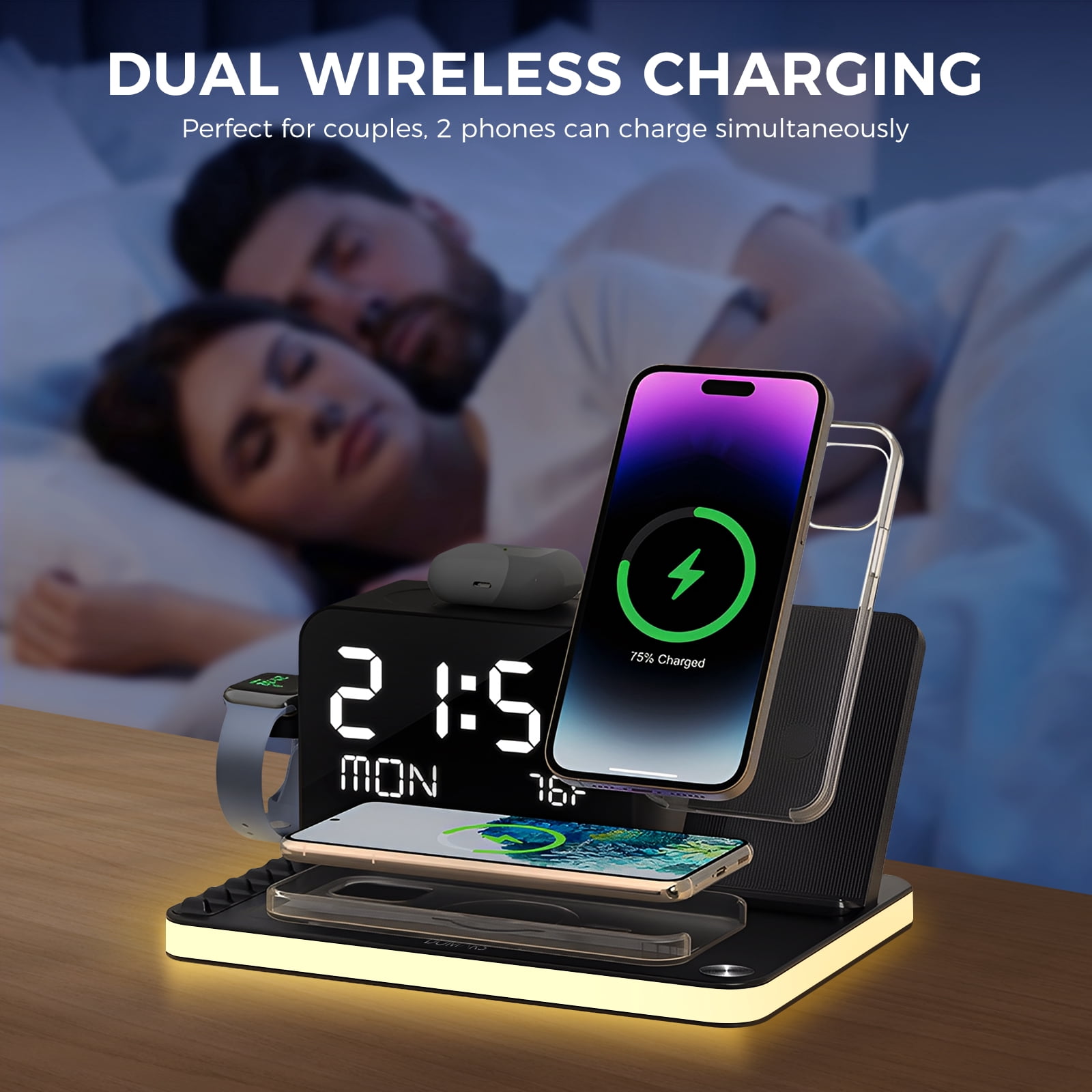 7-in-1 Wireless Charging Station with Clock, Bluetooth Time Sync & Temperature, 30W Fast Wireless Charger for Multiple Devices – Compatible with iPhone 17/16/15/14/13 Pro Max, Apple Watch & AirPods