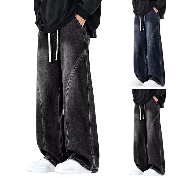 USNSM Men's Elastic Waist Baggy Jeans Y2K Wide Leg Loose Fit Denim Hip Hop Drawstring Multiple Pockets Cargo Casual Mid Rise Pull On Trousers Gray S