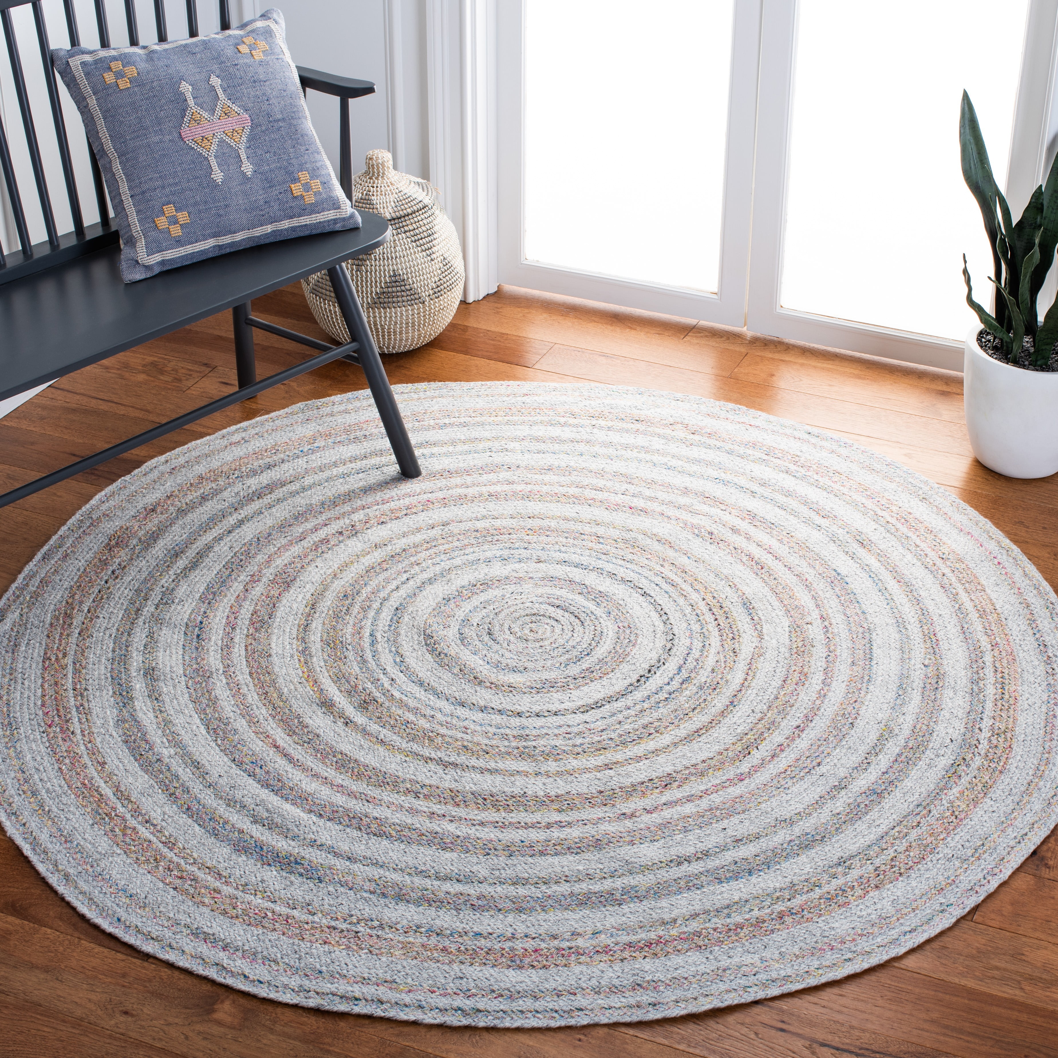 SAFAVIEH Cape Cod Linda Abstract Dots Polyester Area Rug, Grey/Pink, 6' x 6' Round