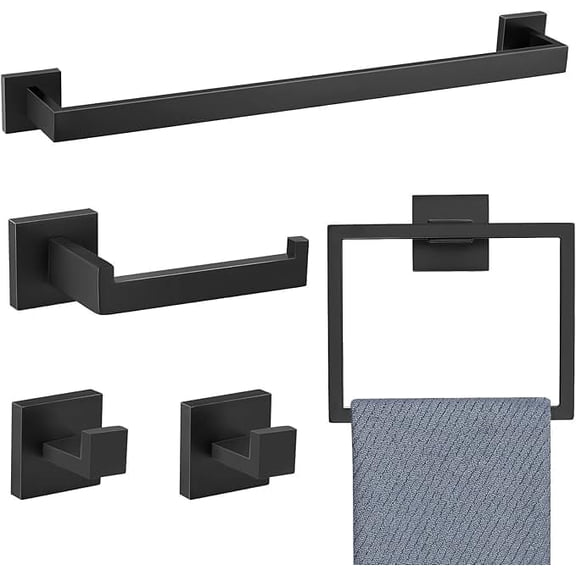 Bathroom Hardware Accessories Set: 5-Pieces Bath Towel Bar Set, Towel Racks for Bathroom Wall Mounted, SUS304 Stainless Steel, Matte Black