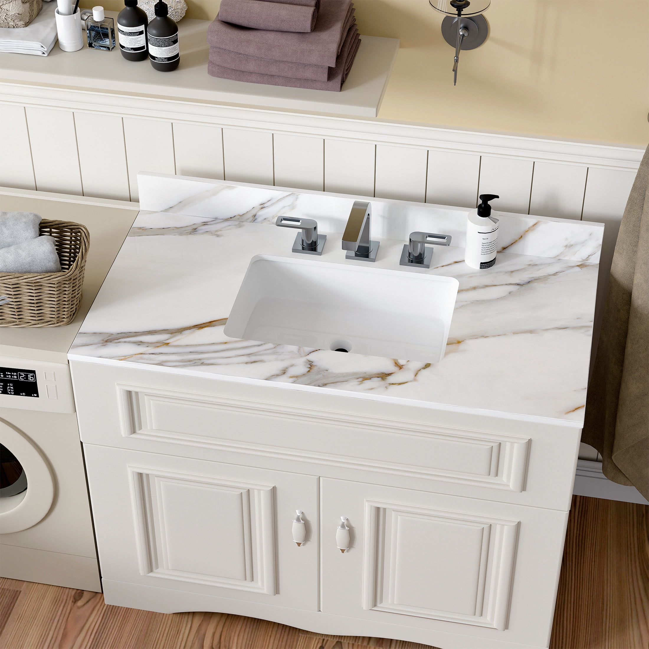 Noble House 43-Inch Bathroom Vanity Top with Undermount Sink, Backsplash, 3 Pre-Drilled Faucet Holes, White