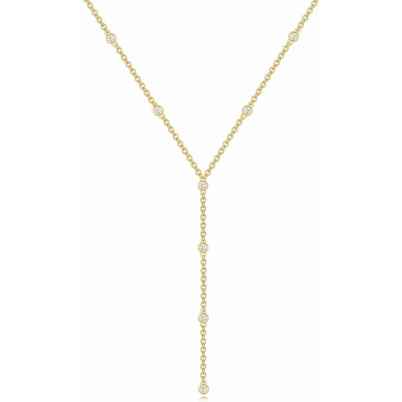 Gold Lariat Necklace for Women, Dainty 14K Gold Plated Y Shaped Cuban Chain Layered Long CZ Drop Pendant Choker Necklaces Fashion Jewelry Gifts