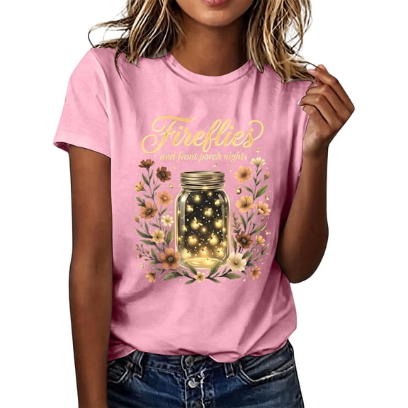 Plus Size Women's Firefly Print Short Sleeve T-Shirt Mason Jar Floral Botanical Graphic Tee Cottagecore Country Summer Nature Top Shirt