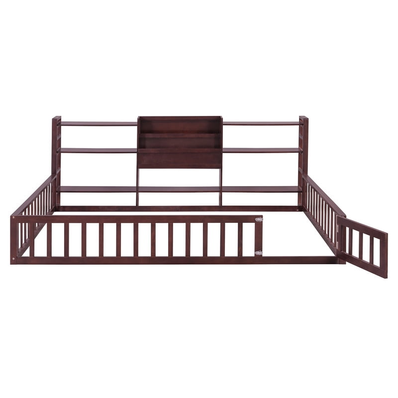 Full Size Floor Bed Platform Bed with Side Bookcase and 3-Tier Storage Shelves, Solid Wood Low Profile Montessori Floor Bed with Safety Guardrails for Kids, Boys, Girls