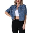 thumbnail image 1 of Chaqueta de mezclilla casual de mujer Inspire Chic con cuello de solapa, manga corta y botones, talla 2XL, azul oscuro, 1 of 6