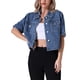 thumbnail image 1 of Chaqueta de mezclilla casual de mujer Inspire Chic con cuello de solapa, manga corta y botones, talla 2XL, azul oscuro, 1 of 6