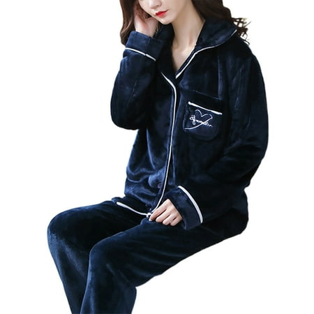 

Cindysus Ladies Pajamas Sets Button Down Nightgown Lapel Sleepwear Casual Velvet Long Sleeve Nightwear Dark Blue S