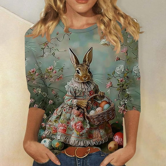Inverlee Womens Easter Tshirts Cute Rabbits Eggs Print Tees Trendy 3/4 Sleeve T Shirts Blouses Work Crewneck Gifts Tops