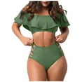 thumbnail image 1 of Virmaxy Women's Two Piece Tankini Set Solid Color Alluring Ruffle Bandeau Swimwear Hollow Out High Waist Tankini Swimsuit Hawaiian Swim Cami Bra Ruffles Bathing Sets Beachwear Olive Green XL, 1 of 1