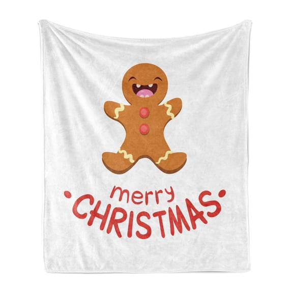 Christmas Soft Flannel Fleece Throw Blanket, Merry Christmas Lettering with Funny and Happy Gingerbread Man Cookie, Cozy Plush for Indoor and Outdoor Use, 70" x 90", Amber and Vermilion, by Ambesonne