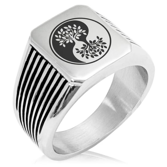 Stainless Steel Tree of Life Yin Yang Needle Stripe Pattern Biker Style Polished Ring