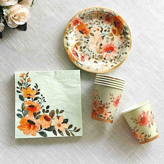 BalsaCircle 72 Sage Green Disposable Dinnerware Set with Pink Floral Print Paper Tableware Set Party Events Decorations Supplies