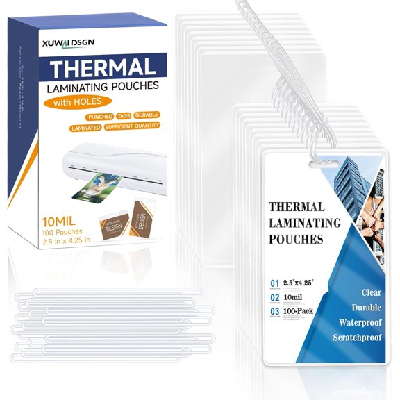 100 Pieces 10 Mil 2 1/2" x 4 1/4" Laminating Pouches with Slot Hole Printable Luggage Tags Clear Thermal Laminate Pouch Kit Resealable for Work Permits Pass Cards Student ID (100, Mil)