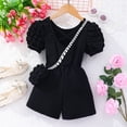 thumbnail image 4 of GYRATEDREAM Toddler Baby Girl Romper Jumpsuit Kids Crewneck Short Puff Sleeve Cross Back Pit Strip Onesie with Bag Spring Summer Outfit Clothes Black for 2-7Y, 4 of 8