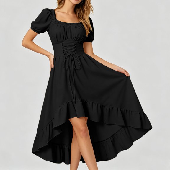 GZMOALH Women's Renaissance Square Neck High Low Dress with Puff Sleeves and Ruched Bodice