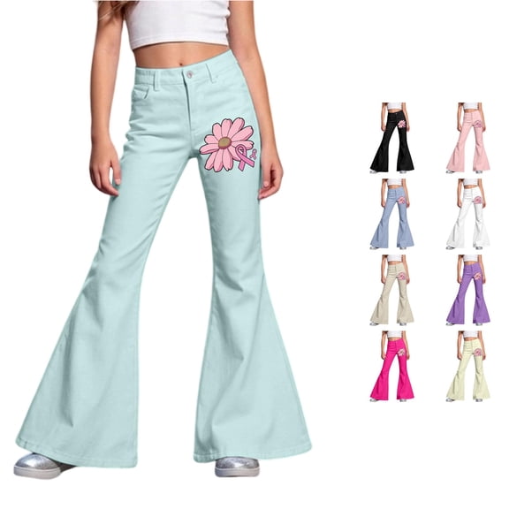 RUTAYY Girls Flared Jeans Flower Ribbon Print High Waist Button Fly Side Pockets Casual Bottoms Light Blue