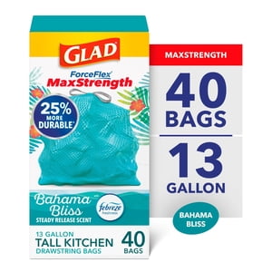 Glad ForceFlex MaxStrength 13-Gallon Drawstring Trash Bags, 40 Count