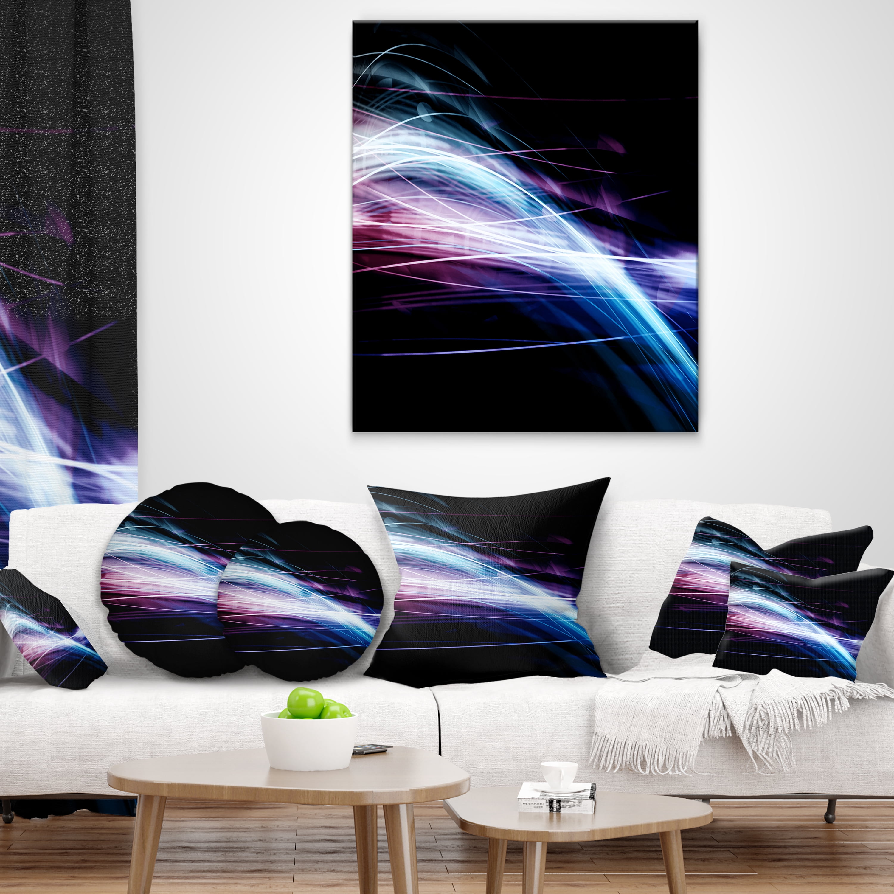 Designart Purple Blue Lines in Black - Abstract Throw Pillow - 12x20