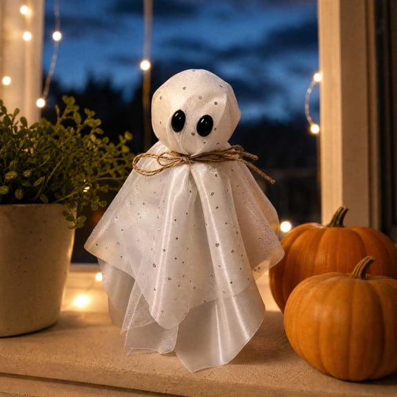 Halloween Ghost Ornament Glitter Fabric Hanging Decor, Cute White Floating Ghost Tree Topper for Halloween Christmas Tree Wreath Door Window Mantel Party Home Decoration