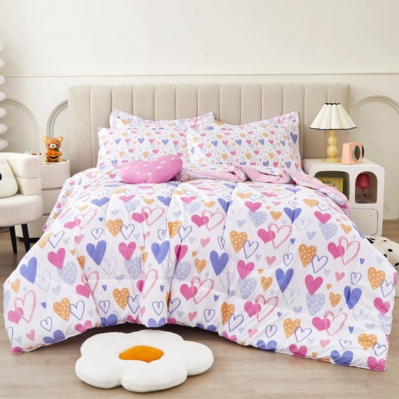 Viviland Twin Size Comforter Sets for Girls Kids, 6 Pieces Bed in a Bag Pink Heart Bedding Comforter Sheet Set with Shams and Decorative Toy Pillow, Ultral Soft Microfiber Kids Bed Set