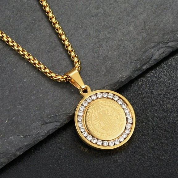 Men's Bible Verse Prayer CZ Necklace Christian Jewelry 14K Yellow Gold Praying Hands Coin Medal Pendant Necklaces