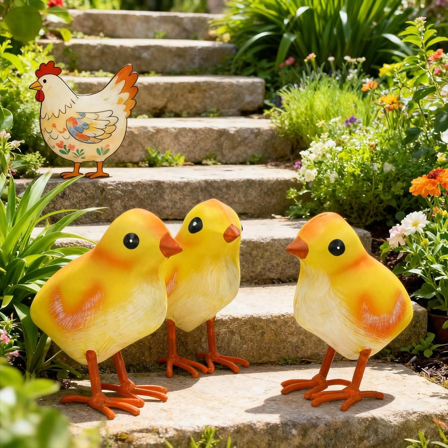 ANHXN Rooster Decor Metal Chicken Yard Art Garden Chick Statues Outdoor Figurines Easter Decoration