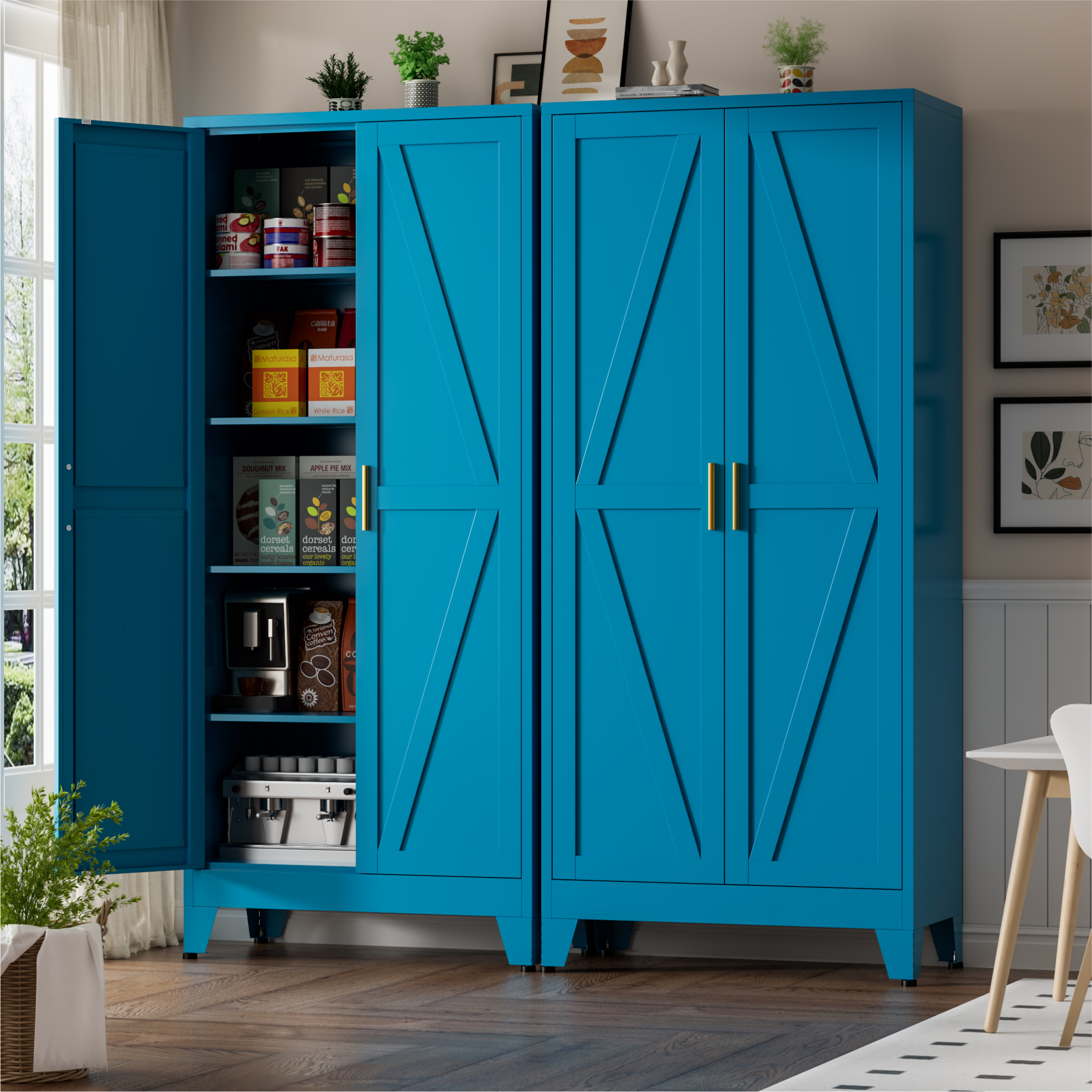 CHSHIN Metal Kitchen Pantry Cabinet, 71" Blue Farmhouse Storage Cabinet with 2 Vintage Barn Doors and 4 Adjustable Shelves, Rustic Freestanding Cupboard for Kitchen