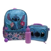 DisneyS Lilo & Stitch Girls 4 Piece Backpack Set, Blue Flip Sequin School Travel Bag With Front Zip Pocket, Mesh Side Pockets, Lunch Box, Water Bottle, And Squish Ball Dangle