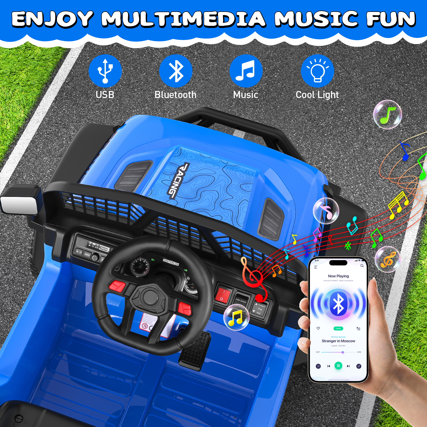 Funcid 12 Volt Ride on Toys for Toddlers Ride on Cars with Remote Control, Battery Powered Ride on Truck Car w/ Bluetooth Music, LED Lights, Spring Suspension, 3 Speeds, Blue