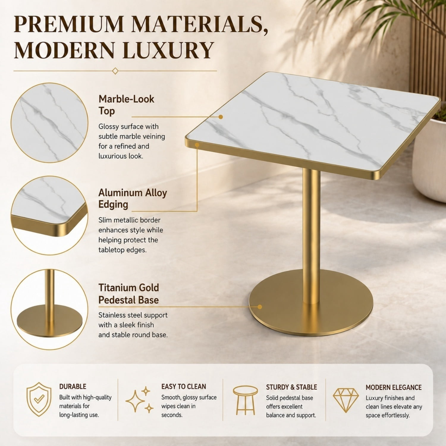 Miniyam 31.5 in Square Dining Table, Glossy Marble-Look Small Kitchen Table with Titanium Gold Feet, White Gray Vein