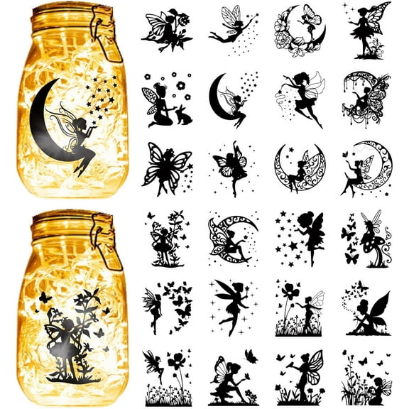 24Pcs Fairy Silhouettes Stickers Mason Jar Cutouts Decals Waterproof Transparent PVC Lamp Films Lantern Jar Scrapbook Embellishment Supplies for Wall Windows Glass DIY Craft 3.5x3.9in