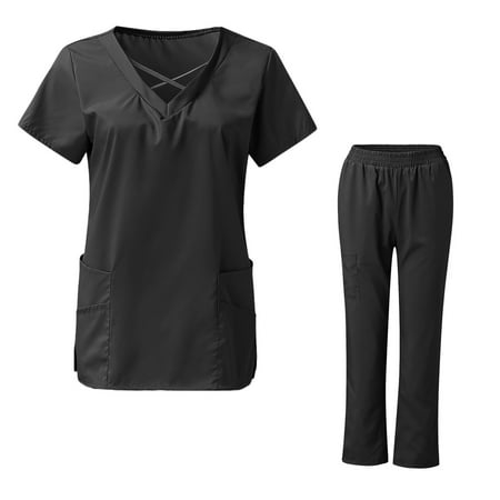 

Youmylove Women Scrubs Top Short Sleeve V-Neck Solid Color Pocket Top Solid Color Trouser Wokers Suit